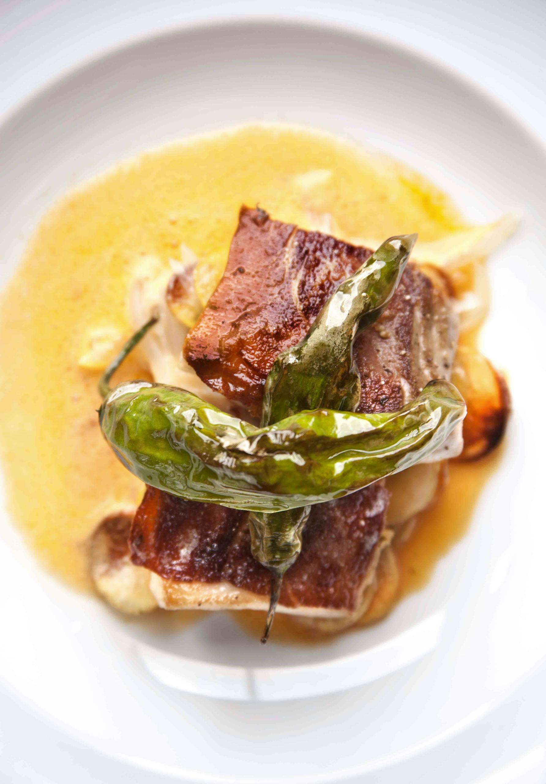 Top view of a gourmet dish featuring grilled peppers and sauce on a white plate.
